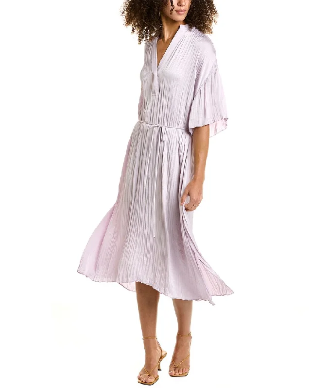 Vince Crushed Band Collar Midi Dress Trendy Ruffled Sleeve Midi Dress