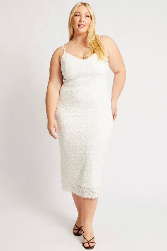 White Lace Bodycon Midi Dress Stylish Tiered Midi Dress