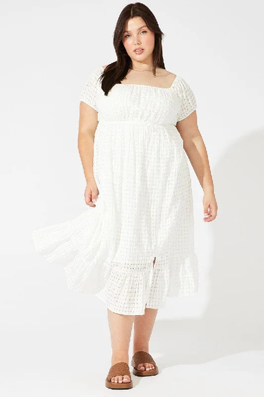 White Midi Dress Off Shoulder Check Split Front Trendy Boho Midi Dress