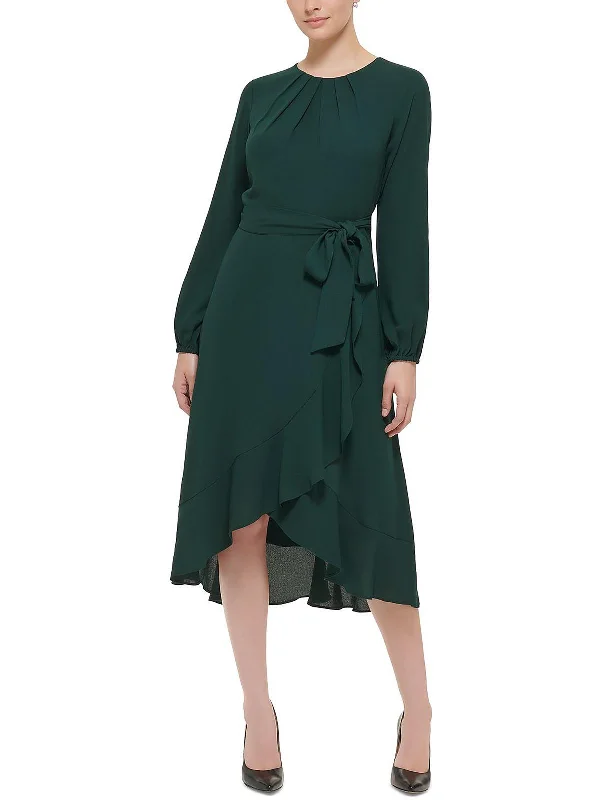 Womens Belted Calf Midi Dress Trendy Ruffled Sleeve Midi Dress