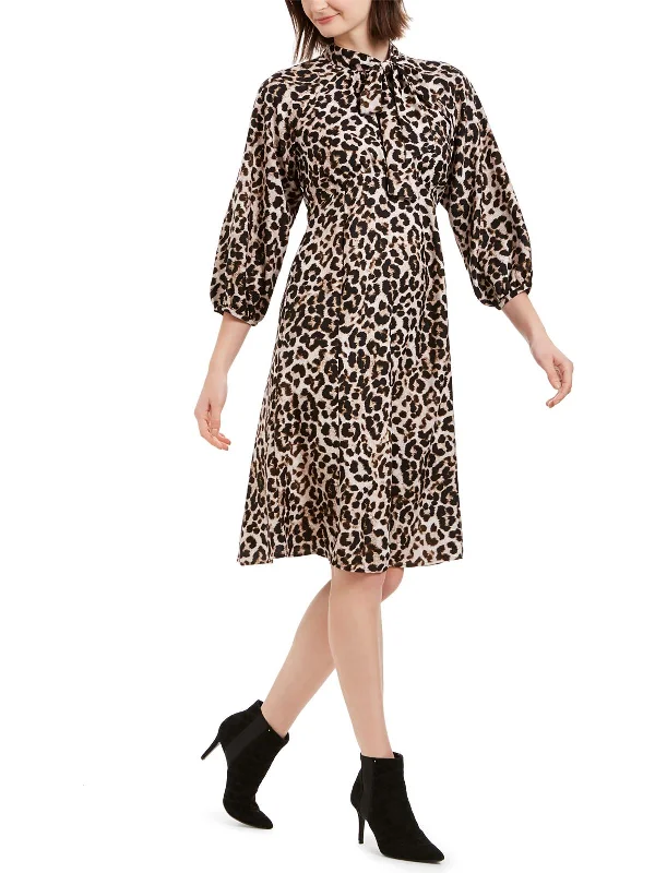 Womens Bishop Sleeve Animal Print Midi Dress Cozy Knit Midi Dress