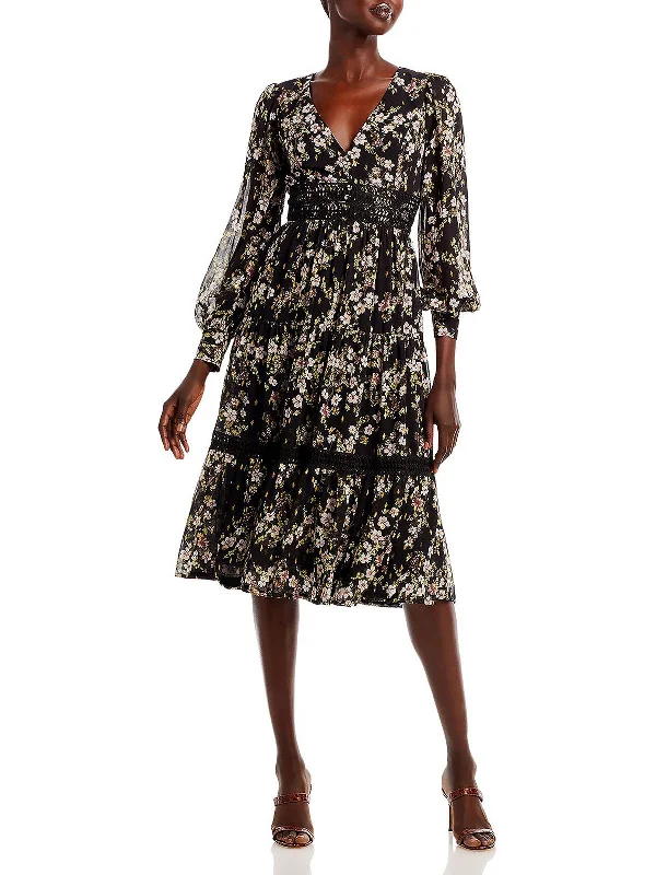 Womens Floral Print Crochet Trim Midi Dress Stylish Wraparound Midi Dress