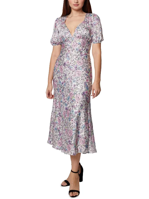 Womens Floral Print Long Midi Dress Trendy Smocked Waist Midi Dress