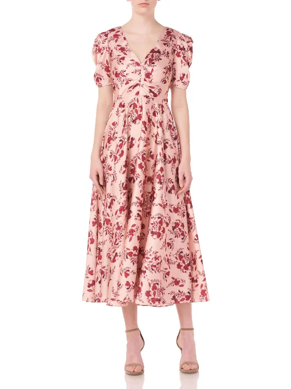 Womens Floral Print Puff Sleeve Midi Dress Cozy Spaghetti Strap Midi Dress