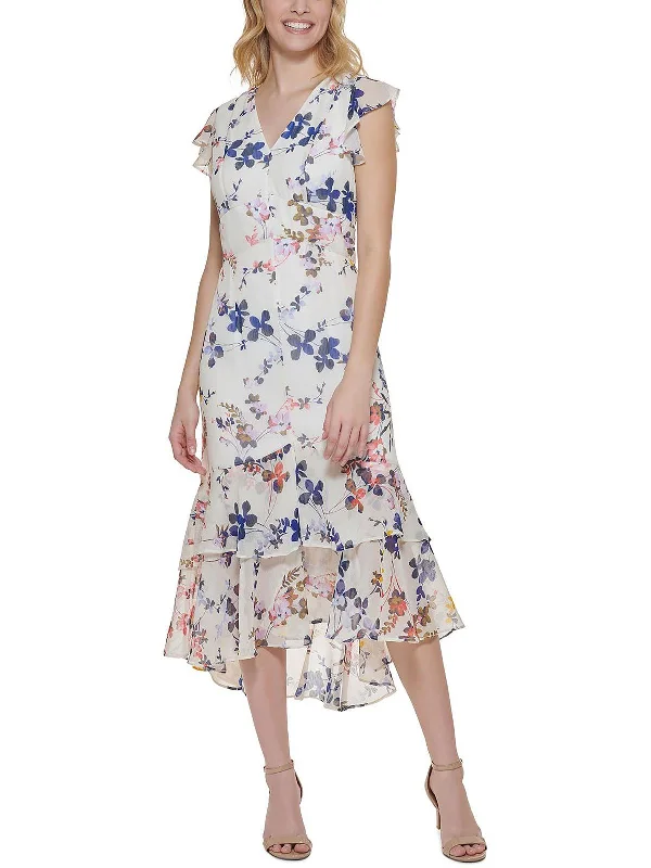 Womens Floral Ruffled Midi Dress Trendy Bodycon Midi Dress