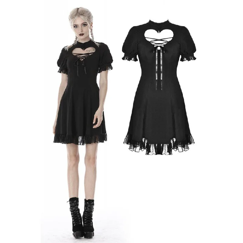 Women's Gothic Lolita Heart Hollowed Lace-up Midi Dresses Trendy Smocked Waist Midi Dress