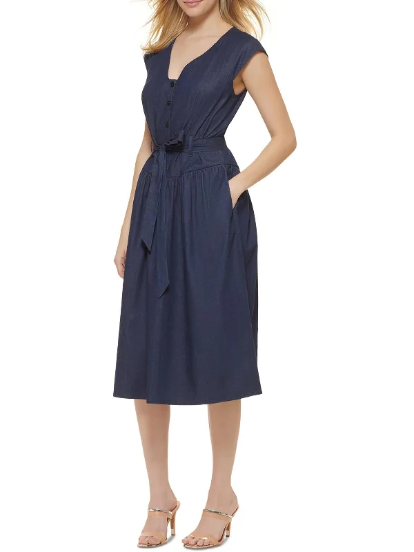 Womens Half-button Belted Midi Dress Cozy Tie-Dye Midi Dress