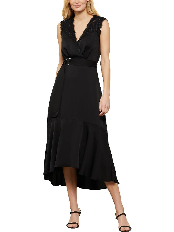 Womens Lace Trim Surplice Midi Dress Trendy Ruched Side Midi Dress
