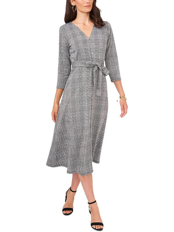 Womens Plaid Print V-Neck Midi Dress Comfortable Ruched Midi Dress