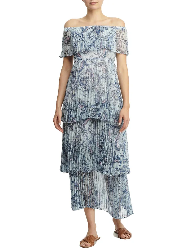 Womens Pleated Printed Midi Dress Fashionable Fitted Midi Dress