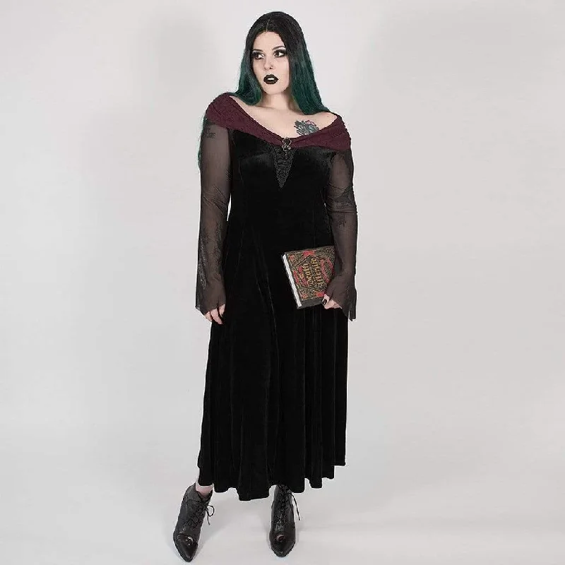 Women's Plus Size Gothic Black Velvet Midi Dress with Net Sleeves and Scarlet Collar Elegant Pleated Detail Midi Dress