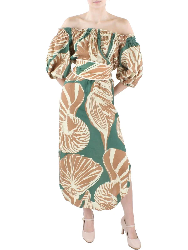Womens Printed Off The Shoulder Midi Dress Elegant Puff Sleeve Midi Dress