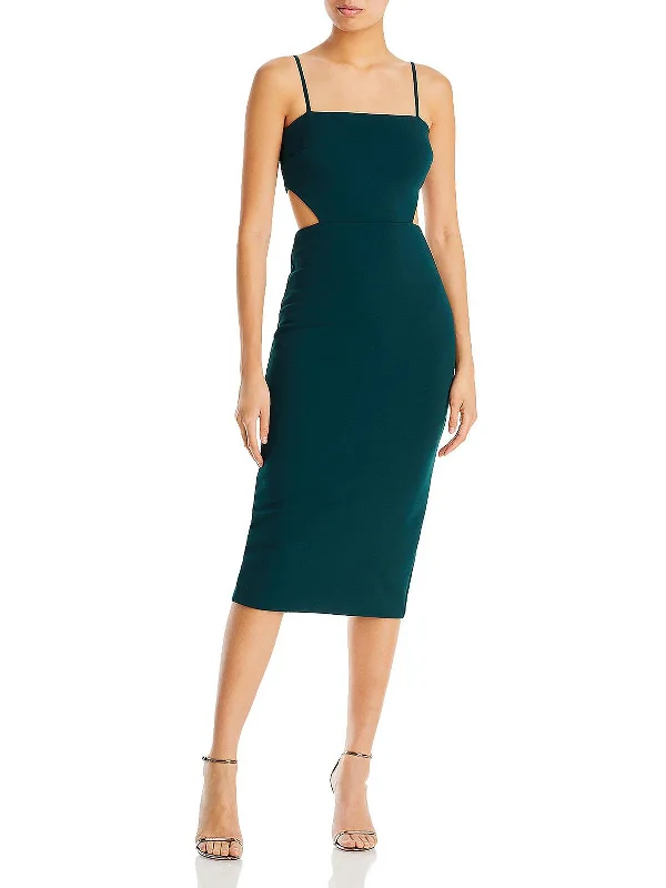 Womens Side Cut-Out Mid-Calf Midi Dress Elegant Pleated Detail Midi Dress