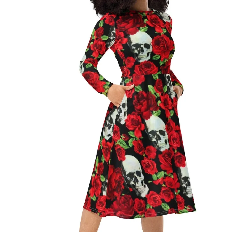 Women's Skull Red Floral Roses Long Sleeve Midi Dress Fashionable Sheer Sleeve Midi Dress