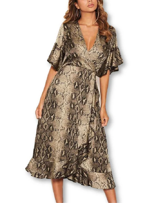Womens Snake Print Faux Wrap Midi Dress Stylish Pleated Skirt Midi Dress