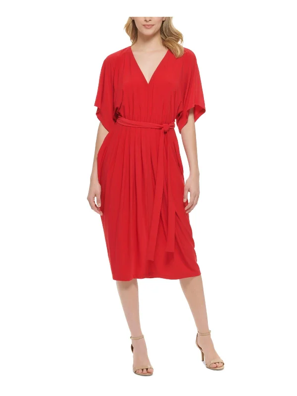 Womens V-Neck Calf Midi Dress Fashionable Sheer Sleeve Midi Dress