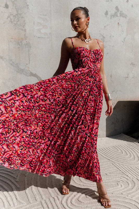 Achanti Pleated Maxi Dress - Pink Multi Elegant Maxi Dress with Belt