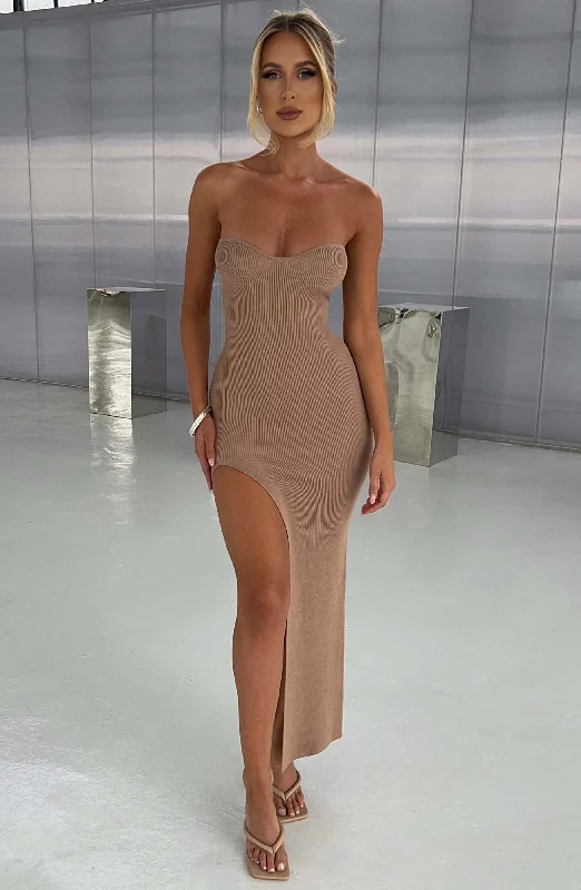 Angela Maxi Dress - Mocha Stylish Maxi Dress with Pleats