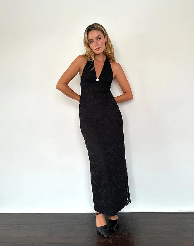 Atma Halterneck Maxi Dress in Canina Lace Black Trendy Ruffled Maxi Dress