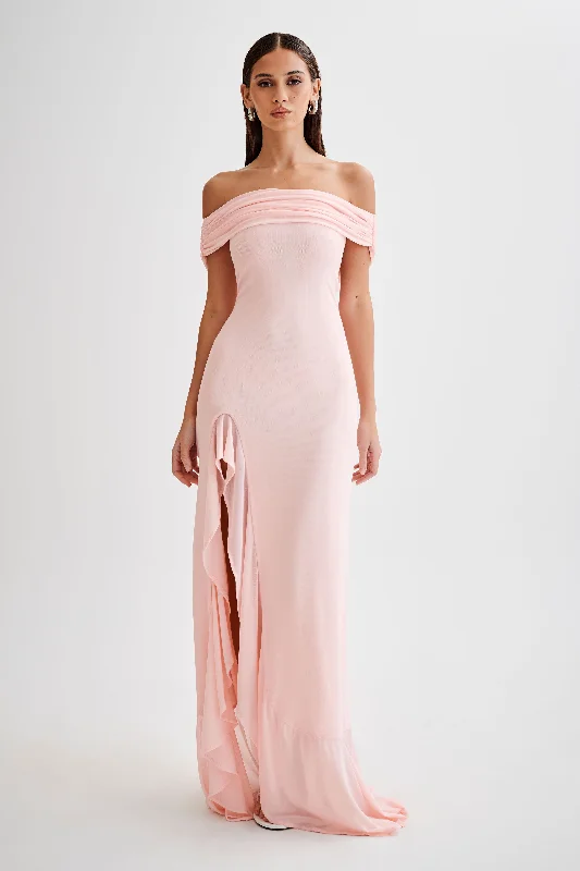 Audrey Off Shoulder Mesh Maxi Dress - Pale Pink Cozy Ruffle Sleeve Maxi Dress