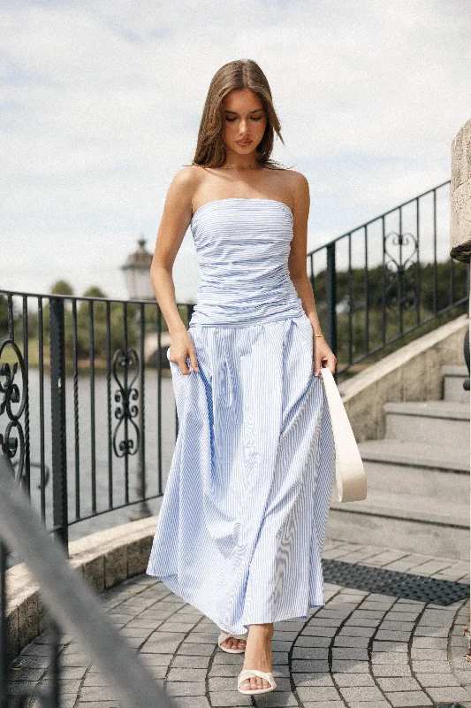 Avalee Strapless Maxi Dress - Blue Stripe Cozy Ruffle Sleeve Maxi Dress