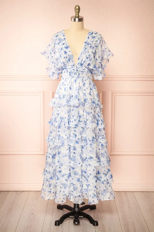 Aveline Blue | Floral Maxi Dress w/ Ruffles Stylish Long Sleeve Maxi Dress