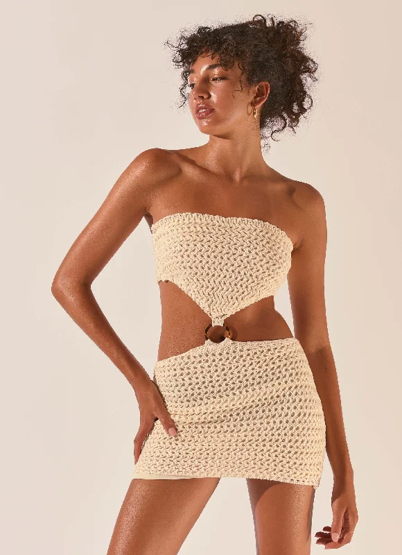 Balmy Nights Crochet Mini Dress - Seashell Trendy Button-Detail Mini Dress