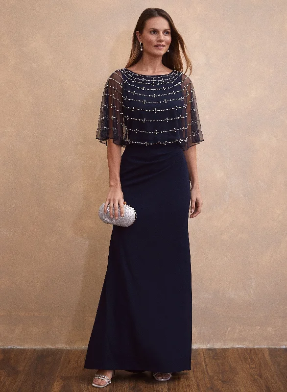 Beaded Mesh Capelet Maxi Dress Fashionable High-Low Maxi Dress