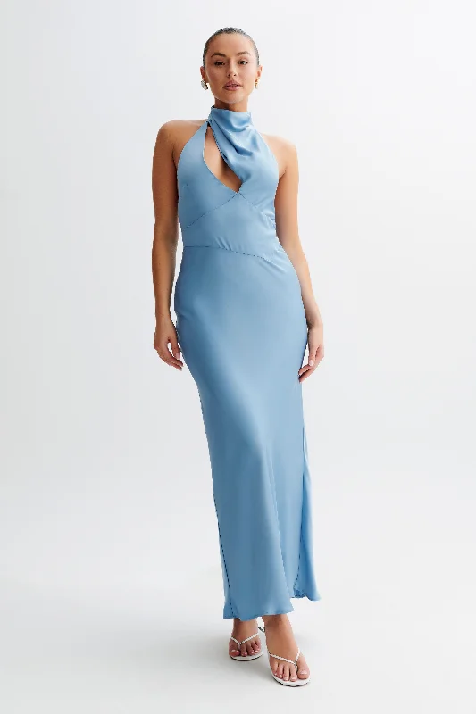 Belladonna Satin Halter Maxi Dress - Iris Blue Elegant Lace-Up Maxi Dress