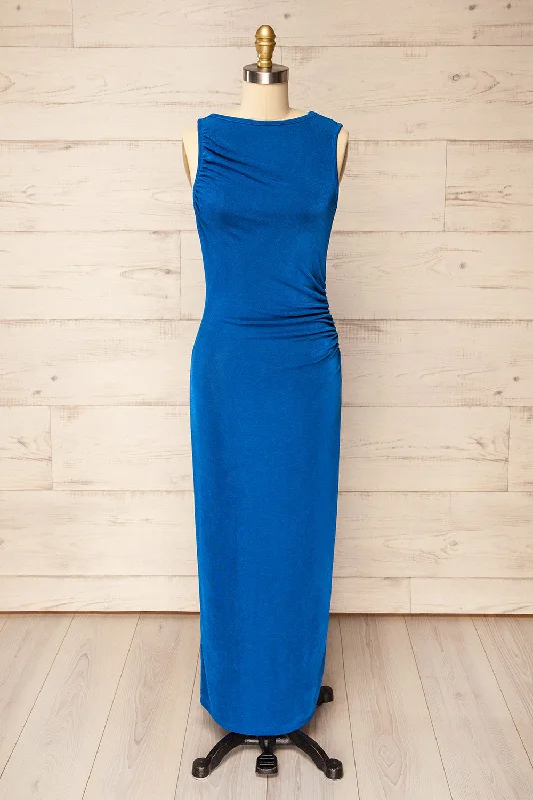 Belleville | Sleeveless Blue Ruched Maxi Dress Comfortable Fitted Maxi Dress