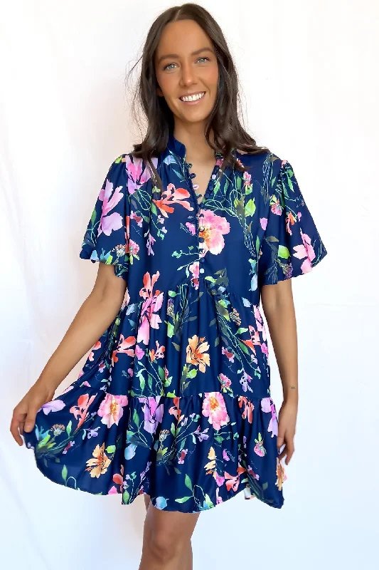 Blaise Mini Dress Navy Floral Stylish Short Sleeve Mini Dress