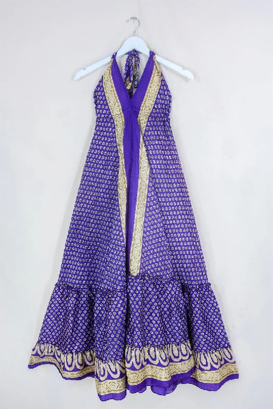 Blossom Halter-Neck Maxi Dress - Bright Violet Daisies - Free Size S/M Elegant Maxi Dress with Belt