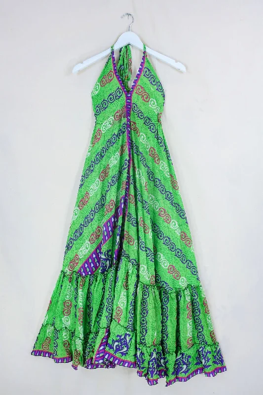 Blossom Halter-Neck Maxi Dress - Parakeet Green & Purple Swirls - Free Size S/M Trendy Button Front Maxi Dress