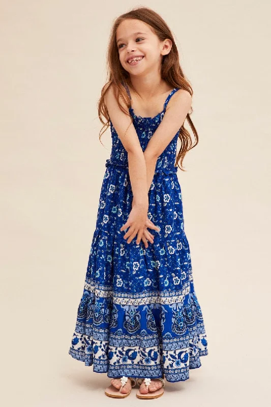 Blue Boho Kids Maxi Dress Sleeveless Tiered Chic Summer Maxi Dress