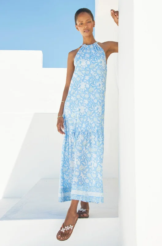 Bonnie Halter Block Print Maxi Dress | Blue/White Trendy Floral Print Maxi Dress