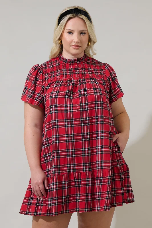 Boswell Tartan Plaid Yare Short Sleeve Mini Dress Curve Trendy A-Line Mini Dress