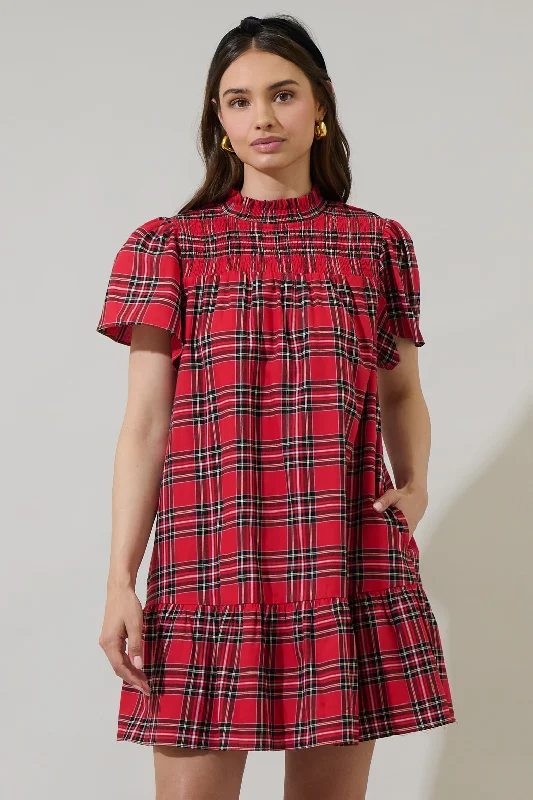 Boswell Tartan Plaid Yare Short Sleeve Mini Dress Elegant Lace-Up Mini Dress