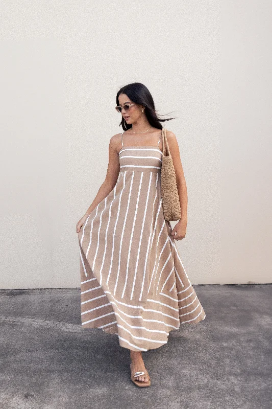 Brea Maxi Dress - Tan Stripe Comfortable Flowy Maxi Dress