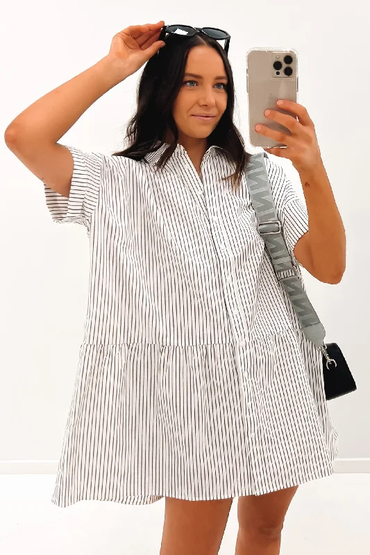 Caitie Mini Dress White Stripe Stylish Button-Down Mini Dress