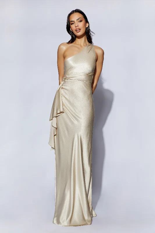 Calliope One Shoulder Maxi Dress - Champagne Comfortable T-Shirt Maxi Dress