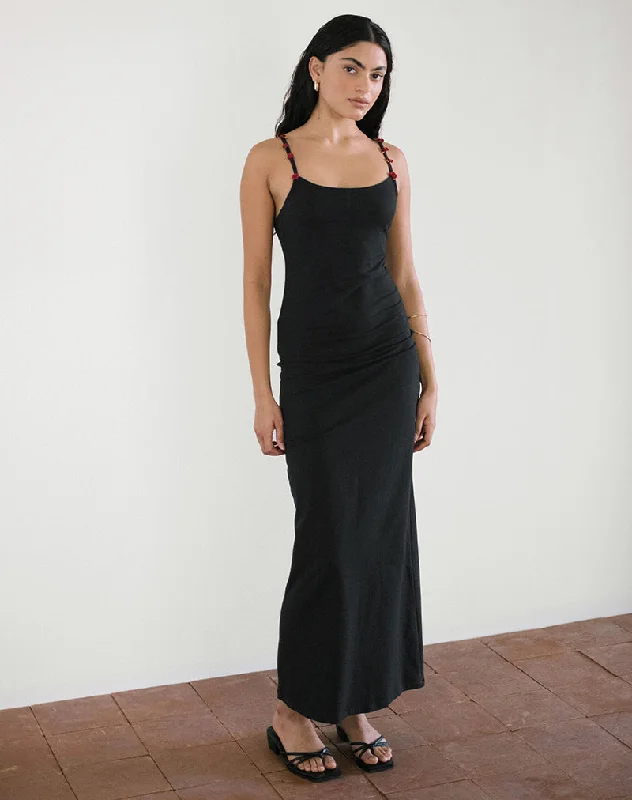Cantana Maxi Dress in Black with Red Rosette Elegant Silk Maxi Dress