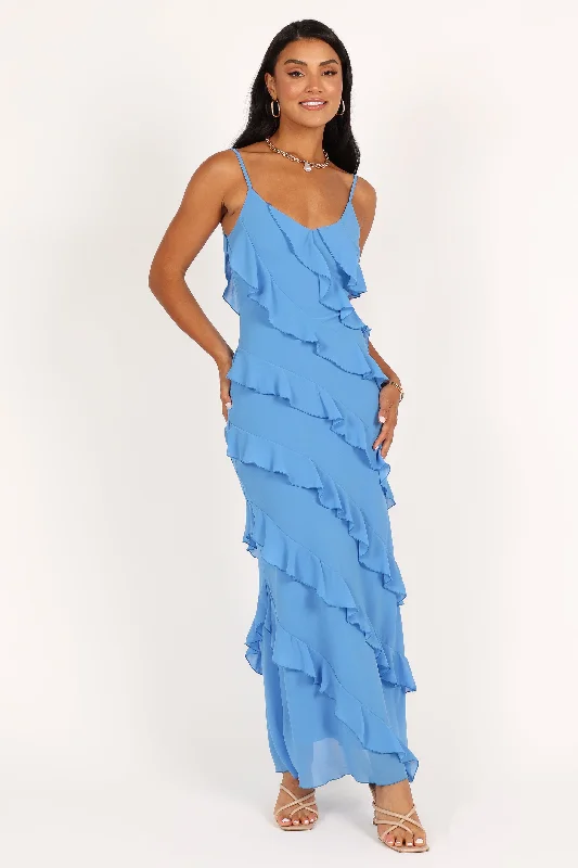 Ciao Ruffles Maxi Dress - Blue Fashionable Maxi Dress with Fringe