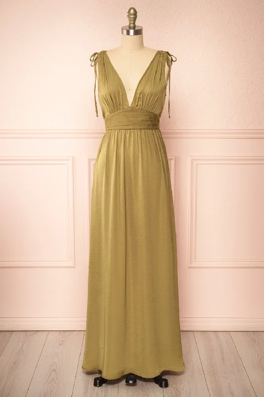 Cidra | Khaki Maxi Dress w/ V-Neck Elegant Wraparound Maxi Dress