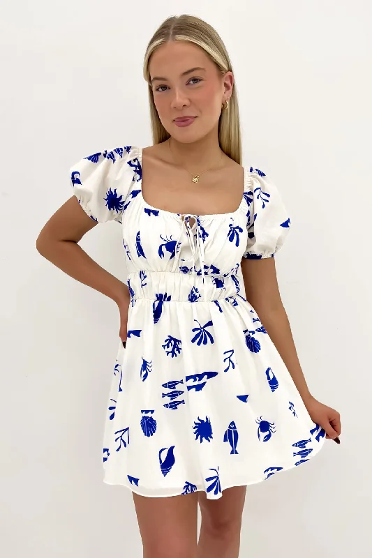 Darcey Mini Dress White Blue Comfortable Ruffle Mini Dress