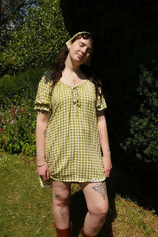 Dolly Mini Dress in Apple Green Gingham Chic Bohemian Mini Dress
