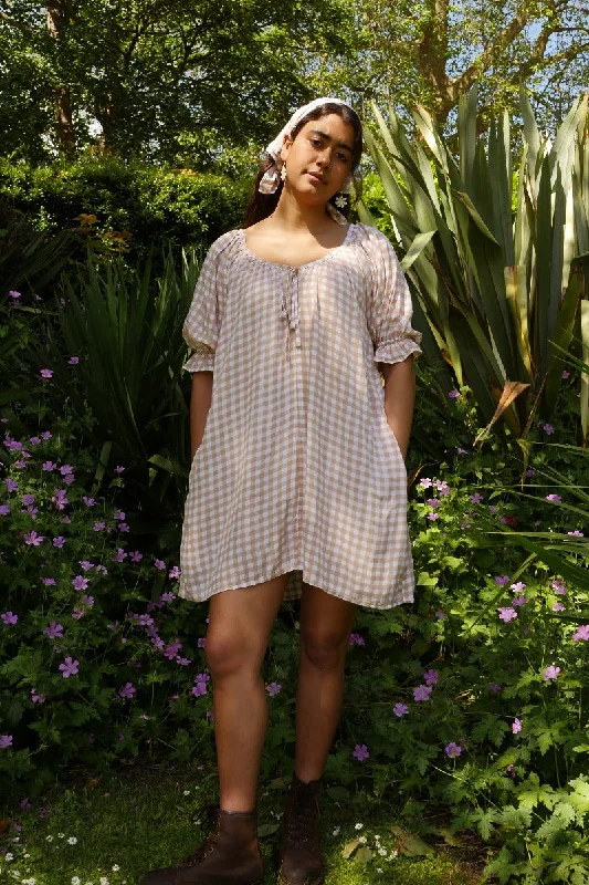 Dolly Mini Dress in Biscuit Brown Gingham Casual High-Waist Mini Dress