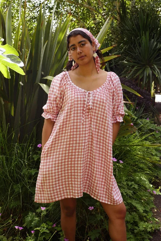 Dolly Mini Dress in Strawberry Pink Gingham Comfortable Fit-and-Flare Mini Dress
