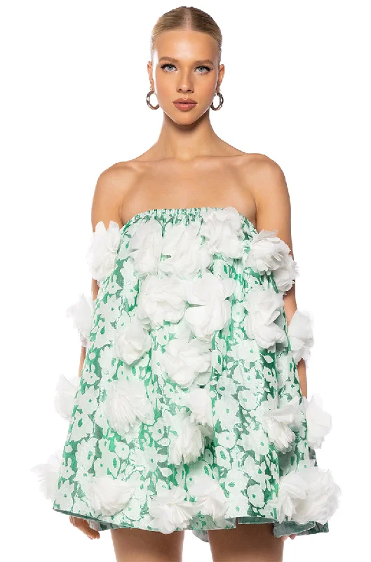 DRAMATIC FLORAL PUFF DETAIL STRAPLESS MINI DRESS Stylish Sweetheart Neck Mini Dress