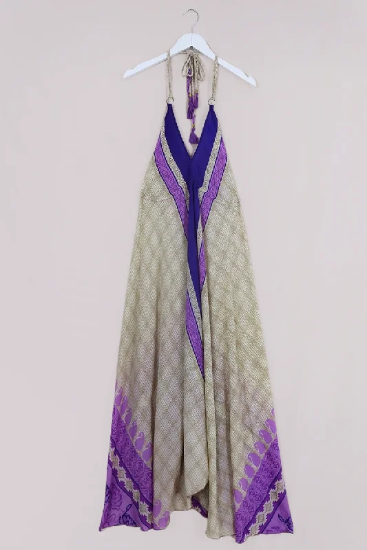 SALE Eden Halter Maxi Dress - Vintage Sari - Amethyst & Ivory Stripe - Free Size S to L Elegant Wraparound Maxi Dress