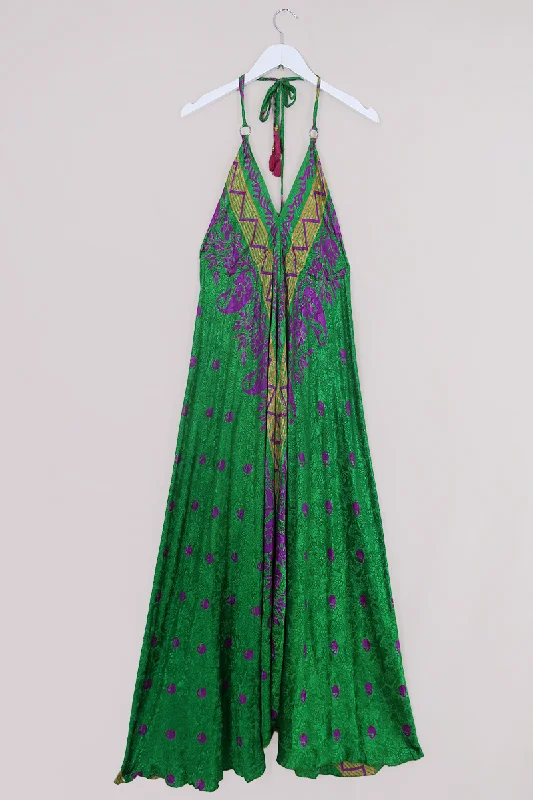 Eden Halter Maxi Dress - Vintage Sari - Emerald Green & Plum Mosaic - Free Size S - L Comfortable T-Shirt Maxi Dress